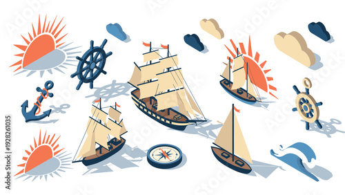 set of nautical sailing ships anchors compasses wheels suns and clouds in hand drawn isometric style for sea travel and navigation