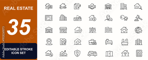 Real Estate web icons in line style. House sale, mortgage key, agent handshake, garage rent, apartment, structure, swimming pool, building, property set. Editable stroke. Vector illustration.