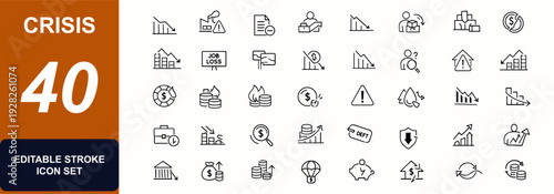 Crisis web icon set in line style. Recession, job loss, currency collapse, layoff, pay cut, panic, chart, low price, meltdown, liquidity, economy, inflation, surplus. Vector illustration.