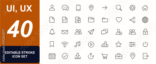 User Interface ui, ux web icons in line style. Chat, message, mobile screen, navigation arrow, user profile, document file, app menu, social, home button, lock. Editable stroke. Vector illustration.