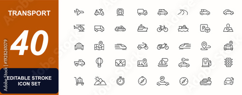 Transport and vehicle web icons in line style. Airplane, scooter, subway, truck, sailing, bus, road, car, helicopter, van, cruise, bike, ship, parking, driving, travel, symbols. Vector illustration.