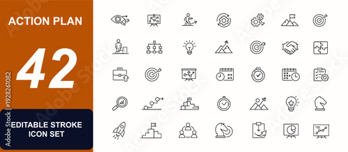 Action plan web icon set in line style. Vision, project, act, process, leadership, team, idea, business goal, concept, collaboration, solution, schedule. Editable stroke. Vector illustration.