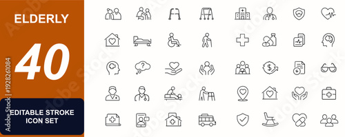 Elderly web icons in line style. Grandparents, caregiver, retirement, walker, hospital, aged care, pension, mobility, doctor, alzheimer, support. Editable stroke. Vector illustration.