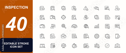Inspection web icons line style. Evaluation, report document, magnifier, quality check, risk analysis, control, auditor, paper, product review, verification set. Editable stroke. Vector illustration.