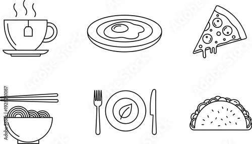 Food and Drink Icons Set with Tea Cup Fried Egg Pizza Noodles Taco and Table Setting
