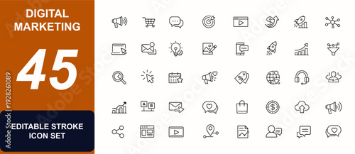 Digital Marketing web icon in line style. Advertising, ecommerce, chat bubble, content strategy, campaign, profit, social network, banner, analysis, promotion. Editable stroke. Vector illustration.