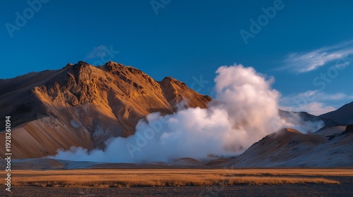 Wallpaper Mural Geothermal energy plant with steam rising from ground vents in an Icelandic volcanic landscape, perfect for geothermal power production, renewable energy, clean electricity, sustainable technology, Torontodigital.ca