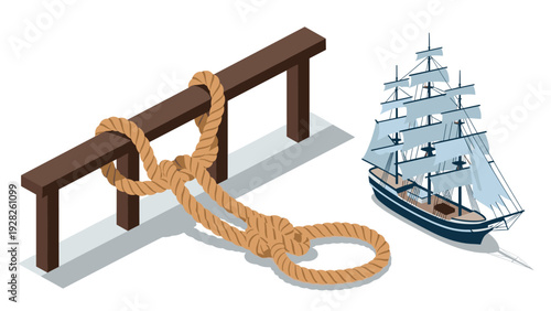 isometric sailing ship mooring rope tied to wooden bollard nautical illustration