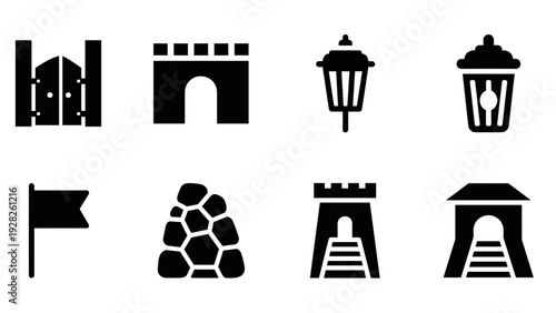 black castle and fort icons set with gates towers flags lanterns and stone wall silhouette