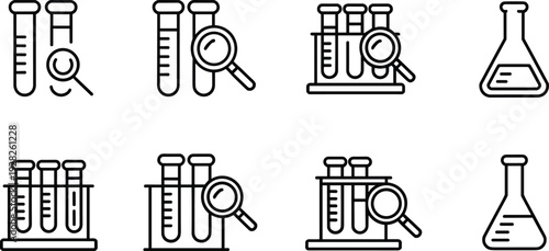 Laboratory icons, test tubes, magnifying glass, Erlenmeyer flask, chemical experiment, research tools, black and white vector illustration, science education, biology, analysis