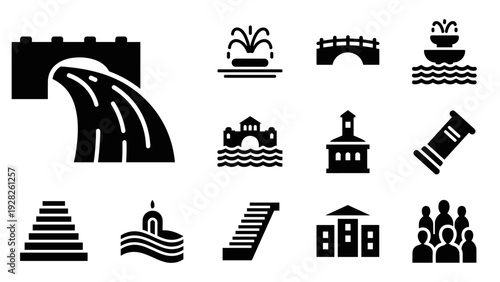 set of black river and water structure icons including dam, fountains, bridges, stairways, buildings, and crowd silhouette in solid style
