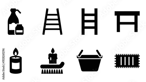 set of simple black bathroom and home cleaning icons in flat silhouette style