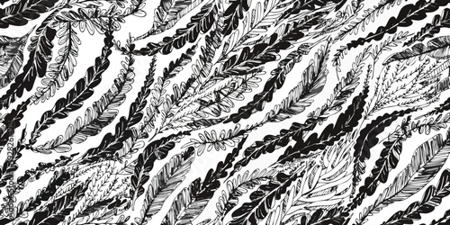 Hand-drawn black and white abstract fern leaf pattern on white background, elegant botanical illustration, seamless design for wallpaper and textile.