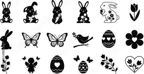Easter icons set with bunnies, eggs, flowers and butterflies