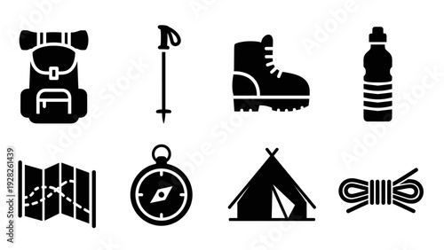 set of hiking and camping equipment icons in silhouette style for outdoor adventure and travel design