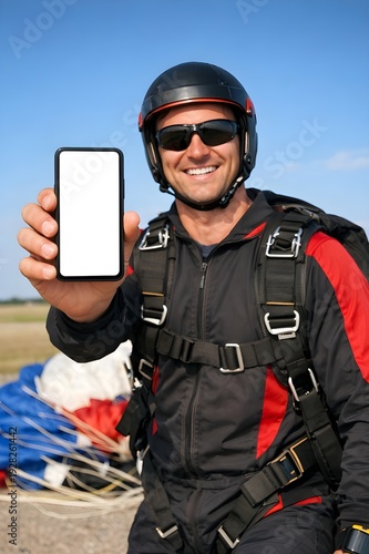 Professional Skydiver Holding Smartphone with Blank Screen After Landing