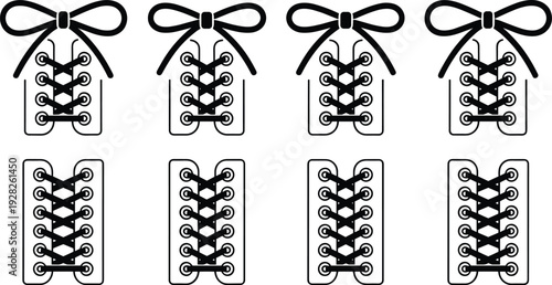 Lace up pattern icons, corset design, shoe lacing, bow knot, decorative loops, symmetrical eyelets, fashion symbol, textile, clothing, style