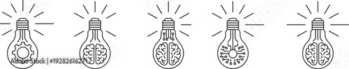 Light bulb icons, creativity symbols, brain illustration, innovation concept, technology design, problem solving, engineering idea, vector silhouette, intelligence, inspiration, thinking
