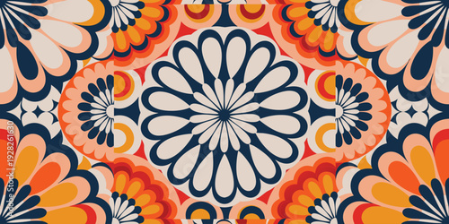 Retro 70s style floral mandala pattern, vibrant orange, navy blue, and cream colors, symmetrical symmetrical graphic design for decor.