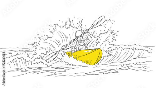 kayaker navigating rapids in a yellow kayak hand drawn line art sports illustration