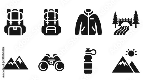 outdoor hiking and camping equipment set of black silhouette icons including backpacks jacket mountains binoculars water bottle and nature scenery