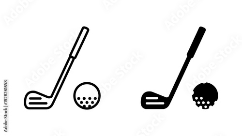 A simple golf club alongside a textured golf ball, presented in both outline and solid black icon styles.