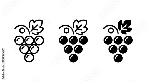 A cluster of grapes with a leaf and tendril, shown in line art and two solid black icon variations.