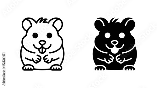 A playful cartoon hamster with its tongue slightly sticking out, in both outline and solid black icon forms.