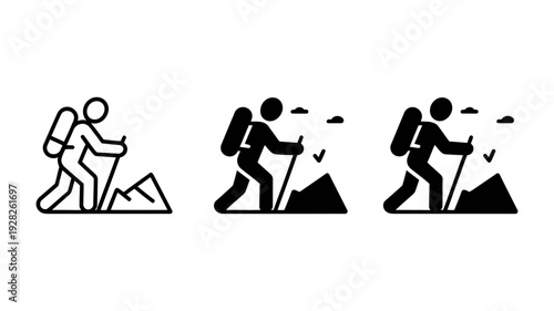 Three variations of an adventurous person hiking or climbing a mountain with a backpack and trekking pole.