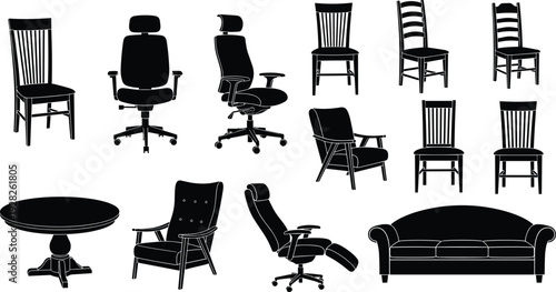 Home and office furniture silhouettes set with chairs tables sofas and beds vector icons collection isolated on white background