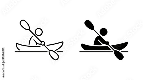 Two simple icons illustrating a person in a kayak paddling on water, in outline and solid styles.