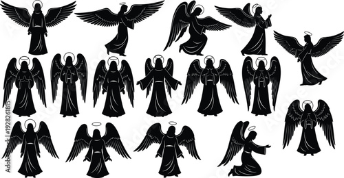 Guardian angel silhouettes set with wings and halos in various prayer and flight poses vector icons collection isolated on white