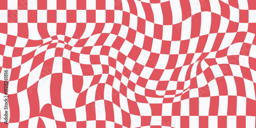 Distorted red and white checkered pattern with wavy lines, abstract optical illusion background, bold and energetic digital art.