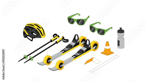 roller skis and training equipment set hand drawn collection of helmet poles sunglasses cones and water bottle illustration