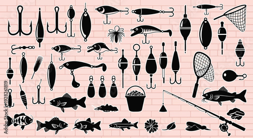 Fishing gear and tackle icons on brick wall background