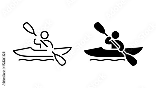 A set of two minimalist black and white icons depicting a person kayaking on water.