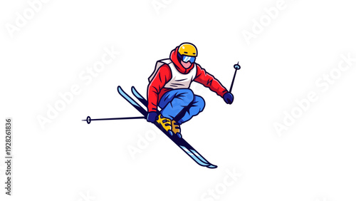 skier jumping in mid air wearing helmet and colorful sportswear hand drawn illustration for winter sports design