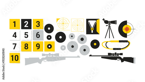 set of hand drawn shooting targets rifles and archery equipment in modern flat style