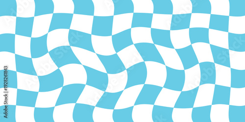 Abstract wavy light blue and white checkerboard pattern, distorted grid background, psychedelic optical illusion, playful digital art.