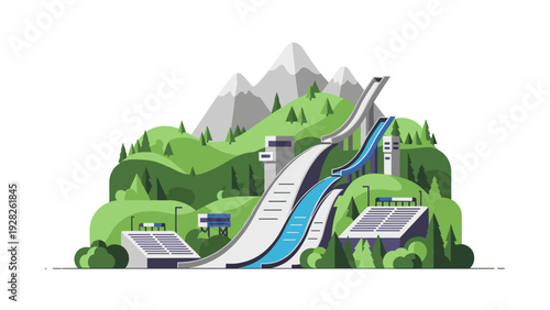 ski jumping ramp with grandstands and mountains in flat vector style winter sports facility