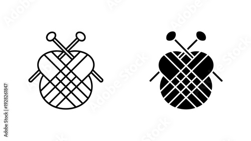Two simple black and white icons showing a ball of yarn with crossed knitting needles.