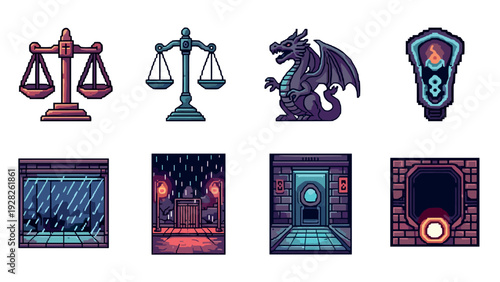 set of hand drawn pixel art fantasy elements with scales dragon dungeon and fire torch icons
