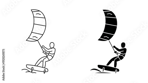 Minimalist vector icons illustrating a person skillfully kitefoiling or kitesurfing with a hydrofoil board.