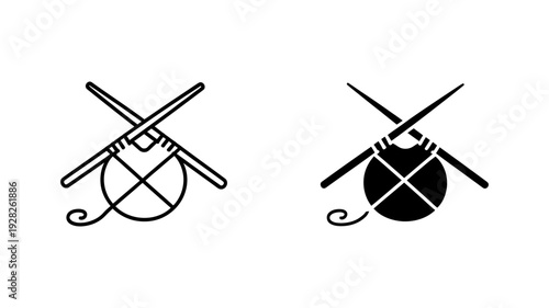 Stylized black and white vector icons showcasing crossed knitting needles and a continuous loop of yarn.