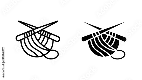A set of two minimalist icons depicting knitting needles with several rows of active stitches.