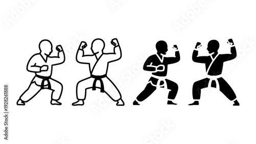 A diverse set of four martial arts icons depicting individuals in a dynamic open-stance block.