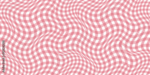 Abstract wavy light pink and white checkerboard pattern, distorted grid background, dreamy optical illusion, soft and feminine design.
