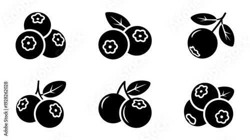 A collection of six distinct black and white blueberry icons displayed in various cluster formations.