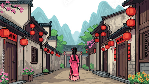 woman in traditional chinese dress walking down street with red lanterns hand drawn illustration of ancient village scene