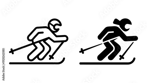 A dual icon set features a male and female skier in action, presented in both line and solid styles.